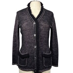 Doncaster Cardigan XS Black White fringe 1990s‎ Preppy Old Money Quiet Luxury